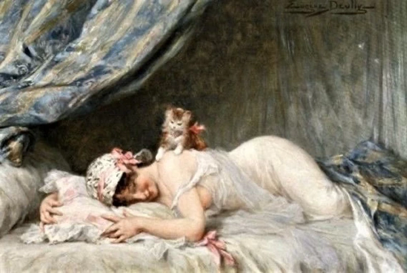 Eugène Auguste François Deully - Ragazza coricata con gattino